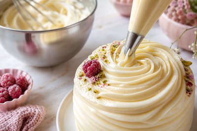 Seidige Buttercreme wird zu einer Rosette auf eine Torte gespritzt