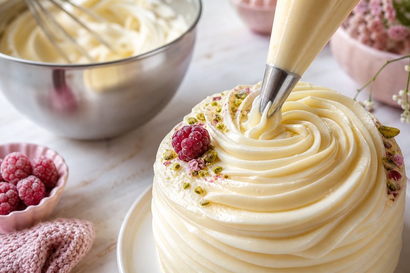 Seidige Buttercreme wird zu einer Rosette auf eine Torte gespritzt