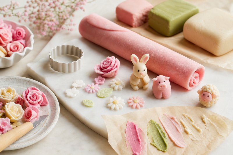 Aus Modellierschokolade und Marzipan geformte pastellfarbene Blüten und Figuren