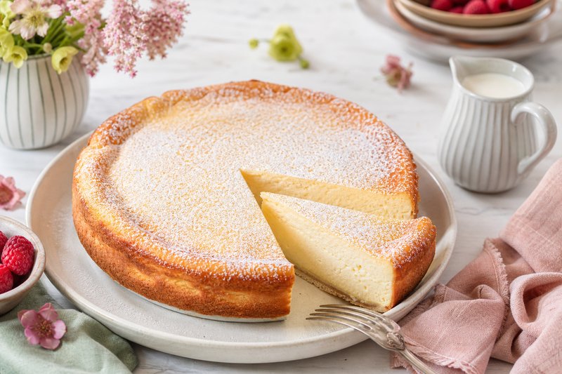 Angeschnittener Topfenkuchen mit cremiger Füllung, leicht mit Staubzucker bestäubt