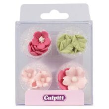 *Culpitt Zuckerdekoration Blume & Blätter Rosa Pkg/16